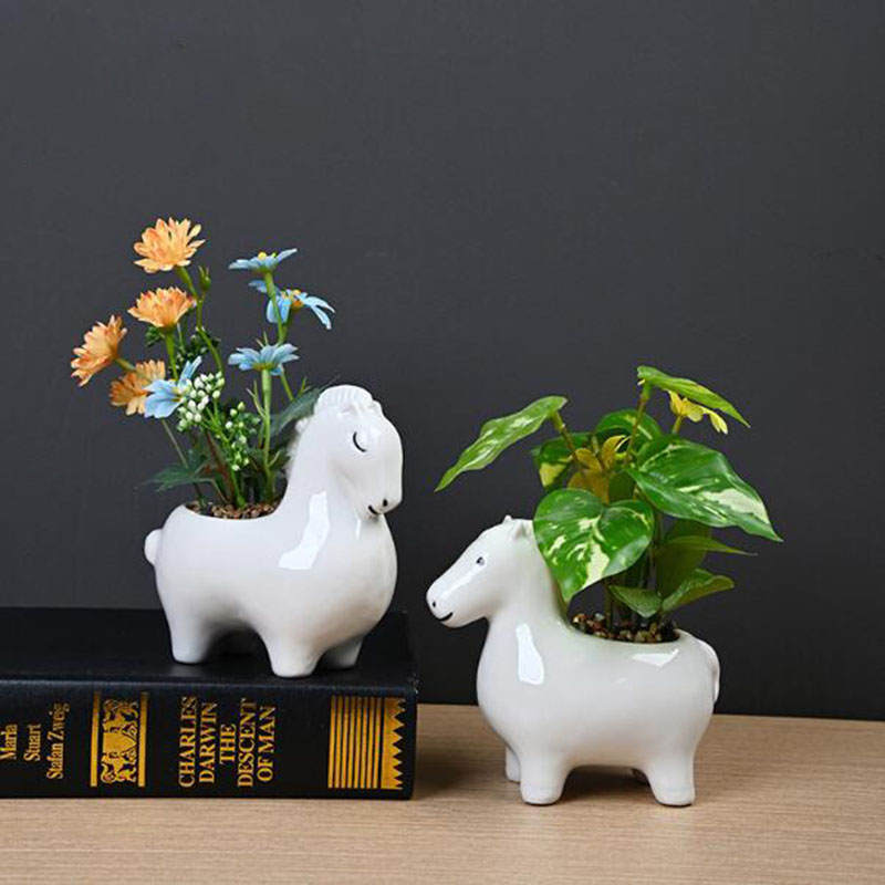 白い磁器製の創造的な馬の形をした植木鉢、緑の植物鉢、盆栽用花 - Bonsai Garden Art のレビューと価格
