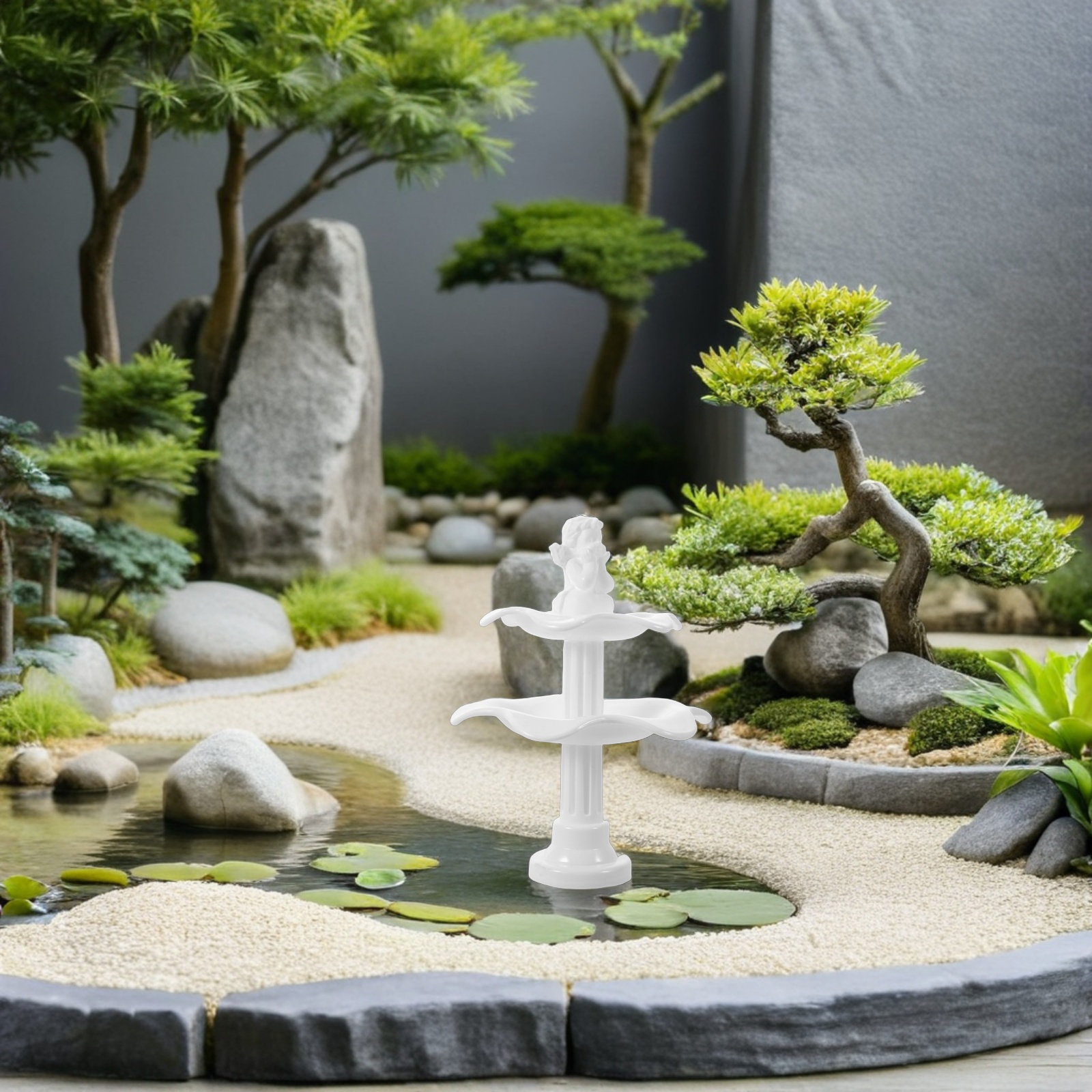 2個入り、2段式のプラスチック製ミニチュア噴水。天使のデザイ - Bonsai Garden Landscape Design のレビューと価格